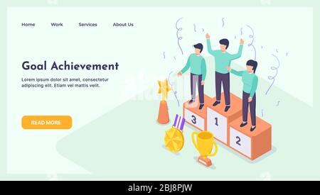 Des hommes d'affaires heureux se tenant sur le podium gagnant avec le prix avec le style isométrique moderne plat - vecteur Banque D'Images