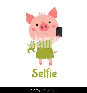 Vector Pink Piggy fille avec une grenouille verte fait selfie. Illustration de Vecteur