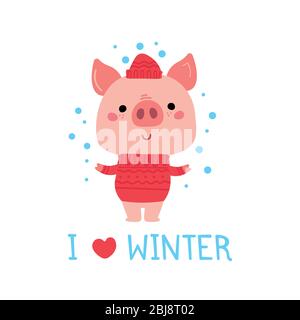 Piggy rose vectoriel en vêtements d'hiver. Illustration de dessin animé pour cartes Illustration de Vecteur