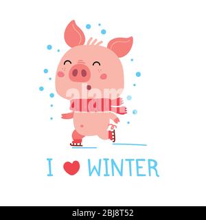 Piggy Vector Pink en vêtements d'hiver. Illustration de dessin animé pour cartes Illustration de Vecteur