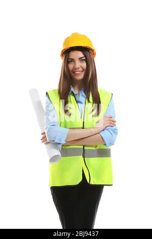 Ingénieur féminin dans la veste et casque tenant le photocalque roulé isolé sur blanc Banque D'Images
