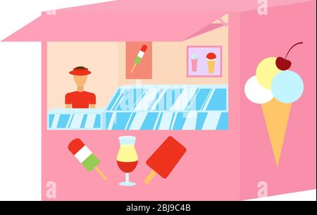 Kiosque de style plat de dessin animé avec crème glacée. Illustration vectorielle illustration rose stack isolé sur un fond blanc. Illustration de Vecteur