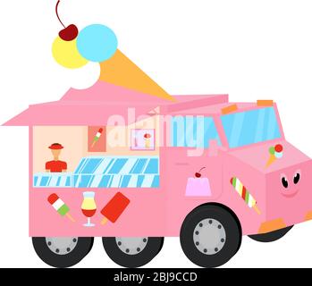 van rétro rose avec glace. camion alimentaire plat isolé sur blanc Illustration de Vecteur