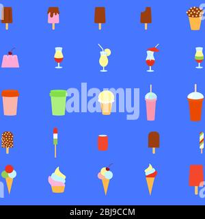 Ensemble de glaces et de boissons simples de dessin animé de style plat. Icônes de crème glacée isolées sur fond bleu Illustration de Vecteur