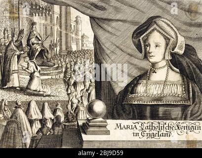 MARY TUDOR (1516-1558) gravure contemporaine en bois avec un portrait et montrant son adhésion en août 1553. Banque D'Images