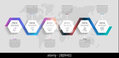 Infographie métier vectorielle. Chronologie moderne avec six hexagones. Utilisé pour la conception de sites Web, la publicité marketing, la présentation de flux de travail, le rapport annuel, le presentat Illustration de Vecteur