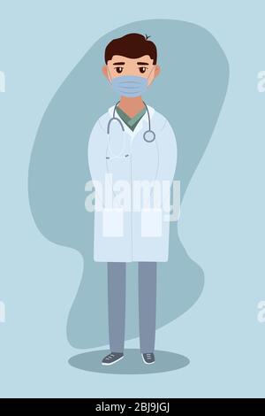 Illustration du concept de santé avec un jeune médecin portant un masque médical facial. Dessin animé à plat art vectoriel. Médecine d'urgence. Illustration de Vecteur