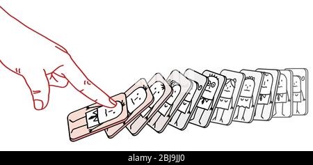 Main dessinée Big Human doigt poussant vers le bas des gens de bande dessinée, comme un effet domino Banque D'Images