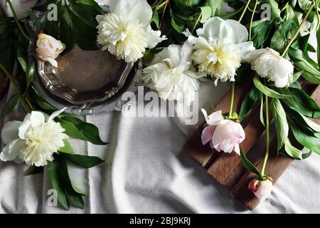 Composition avec de belles fleurs pivoines sur tissu blanc, vue sur le dessus Banque D'Images