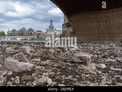 Dresde, Allemagne. 28 avril 2020. Les rives de l'Elbe sous l'arche du pont Augustusbrücke devant le paysage historique de la vieille ville avec l'académie d'art (l), la Brühlsche terrasse et la Frauenkirche. Crédit: Robert Michael/dpa-Zentralbild/ZB/dpa/Alay Live News Banque D'Images