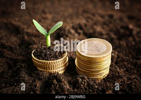 Pièces dans le sol avec la jeune plante. Concept de croissance de l'argent. Banque D'Images