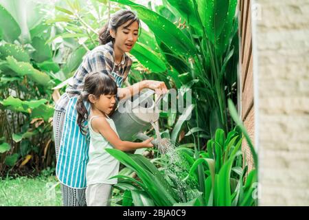 bonne mère et douer arroser son jardin ensemble à la maison Banque D'Images