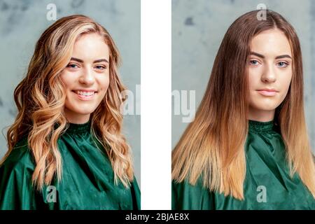 Cheveux avant et après le lissage. Traitement des cheveux de la femme. Banque D'Images