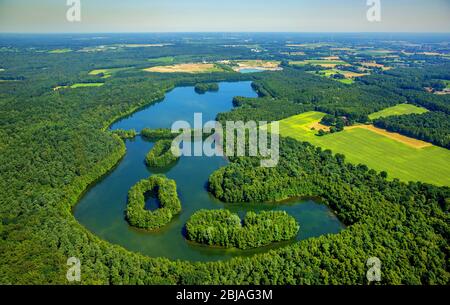 , Lac Heidesee avec îles de Grafenmuehle, 19.07.2016, vue aérienne, Allemagne, Rhénanie-du-Nord-Westphalie, Grafenwald Banque D'Images