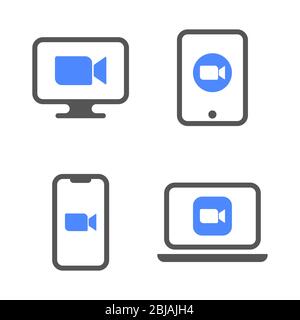 Icônes bleues de la caméra : application de diffusion multimédia en direct pour les appels vidéo de conférence sur téléphone, ordinateur portable, ordinateur de bureau et tablette. SPE 10 Illustration de Vecteur