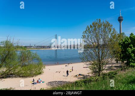 Le Rhin près de DŸsseldorf, la plage du Rhin au port, les gratte-ciel, le pont du Rhin, la tour du Rhin, le NRW, l'Allemagne Banque D'Images