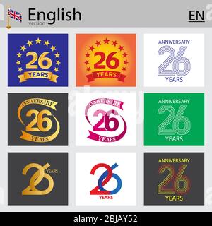 Ensemble de motifs de célébration de vingt-six ans (26 ans). Éléments de modèle de numéro vectoriel anniversaire pour votre fête d'anniversaire Illustration de Vecteur