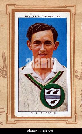 Carte de cigarette du joueur, Cricketers 1938. Reg Perks (Worcestershire et Angleterre). Banque D'Images