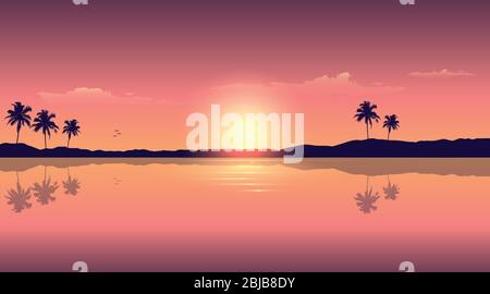 Coucher de soleil sur la plage de palmiers paradisiaque vacances été fond illustration vectorielle EPS10 Illustration de Vecteur