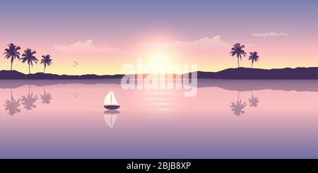 Bateau à voile sur l'océan au coucher du soleil avec vue sur la montagne et les palmiers illustration vectorielle EPS10 Illustration de Vecteur