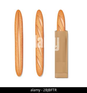 Pain français en baguette dans un sac en papier. Ensemble de délicieux produits de boulangerie pour le petit déjeuner. Pain de baguette réaliste et pain isolé de pain de pain. Illustration vectorielle Illustration de Vecteur