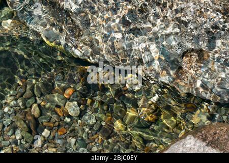 eau claire et ondulée calme, avec des galets colorés sous l'eau et un rocher, à la mer, rivière ou lac. Eau transparente. Banque D'Images