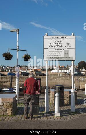 Parking Meter et automobiliste, côté port, Anstruther, Fife, Écosse Banque D'Images