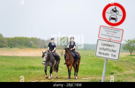 Bleckede, Allemagne. 29 avril 2020. Policewomen Yasmin Pröstler (l) et Anna Schloßer (r) font leurs chevaux de service le long des rives de l'Elbe lors d'une réunion de presse. Dans les semaines à venir, les officiers des escadrons équestres de Hanovre et Braunschweig doivent informer les visiteurs des règles de protection et punir les violations telles que le camping illégal et les feux ouverts. Crédit: Philipp Schulze/dpa/Alay Live News Banque D'Images