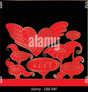 Les ailes de l'amour. Valentines Day or, fond rouge et noir. Coeur avec des ailes. Illustration de Vecteur