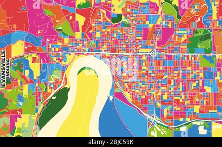 Carte vectorielle colorée d'Evansville, Indiana, États-Unis. Modèle de plan artistique pour l'impression automatique d'œuvres d'art murales au format paysage. Illustration de Vecteur