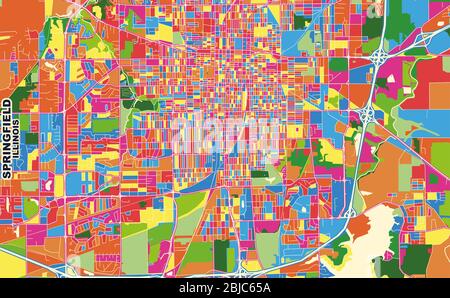 Carte vectorielle colorée de Springfield, Illinois, États-Unis. Modèle de plan artistique pour l'impression automatique d'œuvres d'art murales au format paysage. Illustration de Vecteur