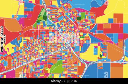 Carte vectorielle colorée de Wichita Falls, Texas, États-Unis. Modèle de plan artistique pour l'impression automatique d'œuvres d'art murales au format paysage. Illustration de Vecteur