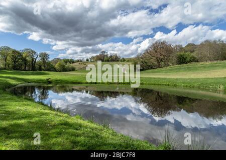 Nuages blancs et ciel bleu reflétés dans un étang du parcours de golf Hollins Hotel à Baildon, Yorkshire, Angleterre. Banque D'Images