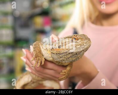 Jeune femme tenant agama lézard dans une boutique pour animaux de compagnie, vue rapprochée Banque D'Images