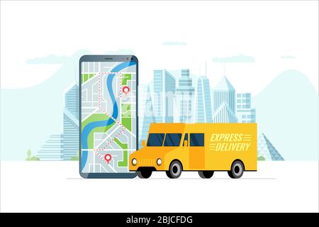 Concept d'application de service de commande de camions à livraison rapide. Smartphone avec carte d'itinéraire géotag gps emplacement PIN adresse d'arrivée sur la rue de la ville et transport express de fret. Application en ligne vecteur plat Illustration de Vecteur