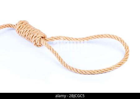 Symbole de nœud noué, nœud marron à boucle de corde, objet isolé, fond blanc, découpe. Suicide, symbolique de la peine de mort, gautorise, pensées suicidaires Banque D'Images