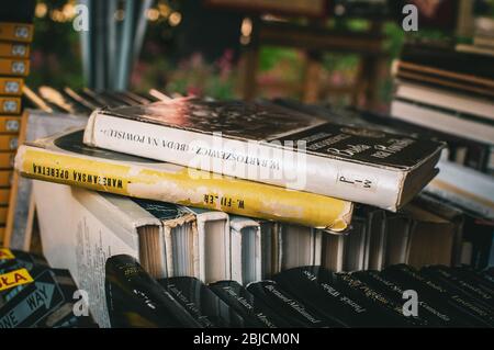 Livres d'occasion vendus sur un marché aux puces local en Pologne Banque D'Images