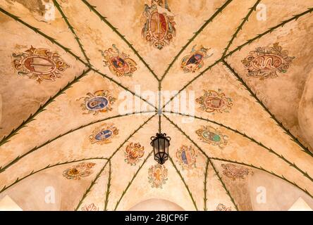 Noblesse manteaux d'armes au plafond décoré de voûte dans le château de Baranow Sandomierski, mannerisme polonais / style baroque précoce, Malopolska, Pologne Banque D'Images