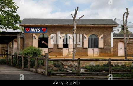 Londres, Grande-Bretagne. 29 avril 2020. Un panneau lumineux à l'appui du National Health Service (NHS) est considéré comme une girafe s'affiche de la maison de girafe au zoo de Londres à Londres, en Grande-Bretagne, le 29 avril 2020. Crédit: Han Yan/Xinhua/Alay Live News Banque D'Images