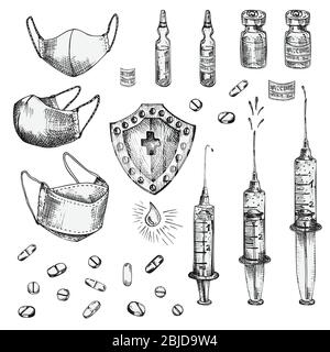 Ensemble de masques d'icônes médicales à croquis d'encre, pilules, seringues, injections, médicaments, thermomètre, aseptisant, ciseaux isolés sur fond blanc, outils de médecine Illustration de Vecteur