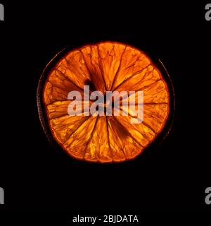 fruits orange mûrs à indice de chaleur de coupe avec rétroéclairage isolé sur fond noir Banque D'Images