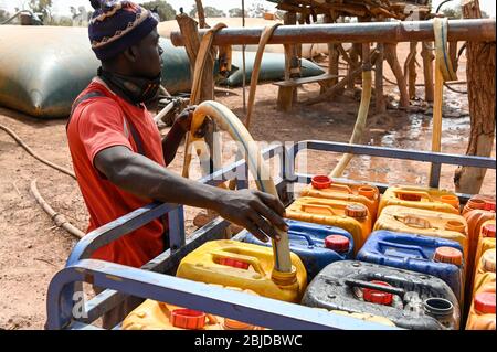 MALI, Kayes, Sadiola, station de stockage et de remplissage d'eau, l'eau est stockée dans de grands sacs de film plastique à vendre à de petites entreprises de goldmineurs, transport en chinois à trois roues / Wassertankstelle, Wasserspeicher à grossen Säcken, Verkauf an Goldwäscher Banque D'Images