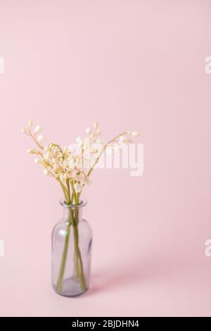 Carte avec nénuphars blanc de la vallée sur fond rose pour la fête des mères, mariage, 8 mars. Concept de nature. Jardin de maison dans vase. Vert été Banque D'Images