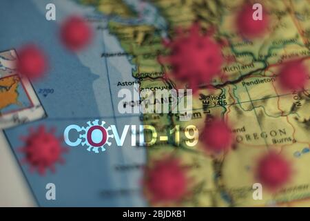 Éclosion de Covid-19 ou nouveau virus Coronavirus, 2019-nCoV, virus sur une carte des États-Unis . Virus Covid 19-NCP : contagion et propagation de la maladie à Portland . Pande Banque D'Images