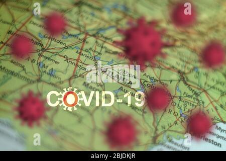 Éclosion de Covid-19 ou nouveau virus Coronavirus, 2019-nCoV, virus sur une carte des États-Unis . Virus Covid 19-NCP : contagion et propagation de la maladie à Atlanta. Pandemi Banque D'Images