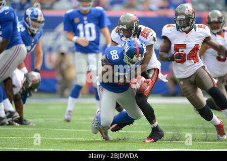 16 septembre 2012 : le grand récepteur de New York Giants, Hakeem Nicks (88), est abordé par Tampa Bay Buccaneers, angle d'Agib Talib (25) et Tampa Bay Buccane Banque D'Images