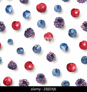 Baies sans couture en aquarelle avec ombre. Fond coloré avec des mûres isolées, des cerises et des bleuets. Illustration naturelle Illustration de Vecteur