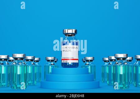 ampoule avec vaccin contre le coronavirus entre autres ampoules sur fond bleu concept de test tridimensionnel pour vaccin contre le nouveau coronavirus. illustration tridimensionnelle. Banque D'Images