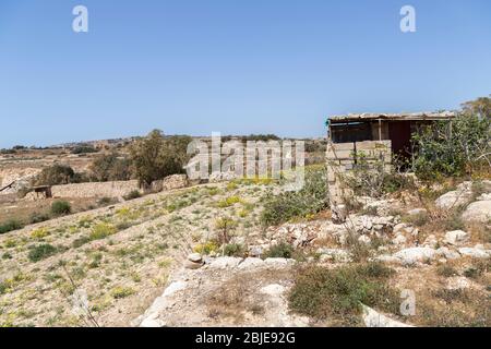 Abris de chasse pour le piégeage des oiseaux sur la côte à Qrendi près du parc du patrimoine, Malte Banque D'Images