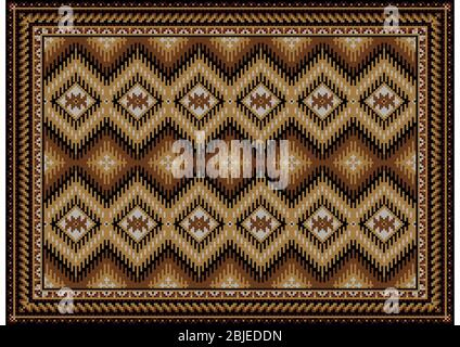 Tapis ethniques colorés luxueux avec motif en diamant brun et gris et jaune sur fond blanc Banque D'Images